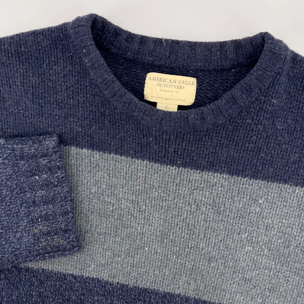 American Eagle‎ Sweater Mens Large Blue Striped 100% Lambswool Crewneck Vintage